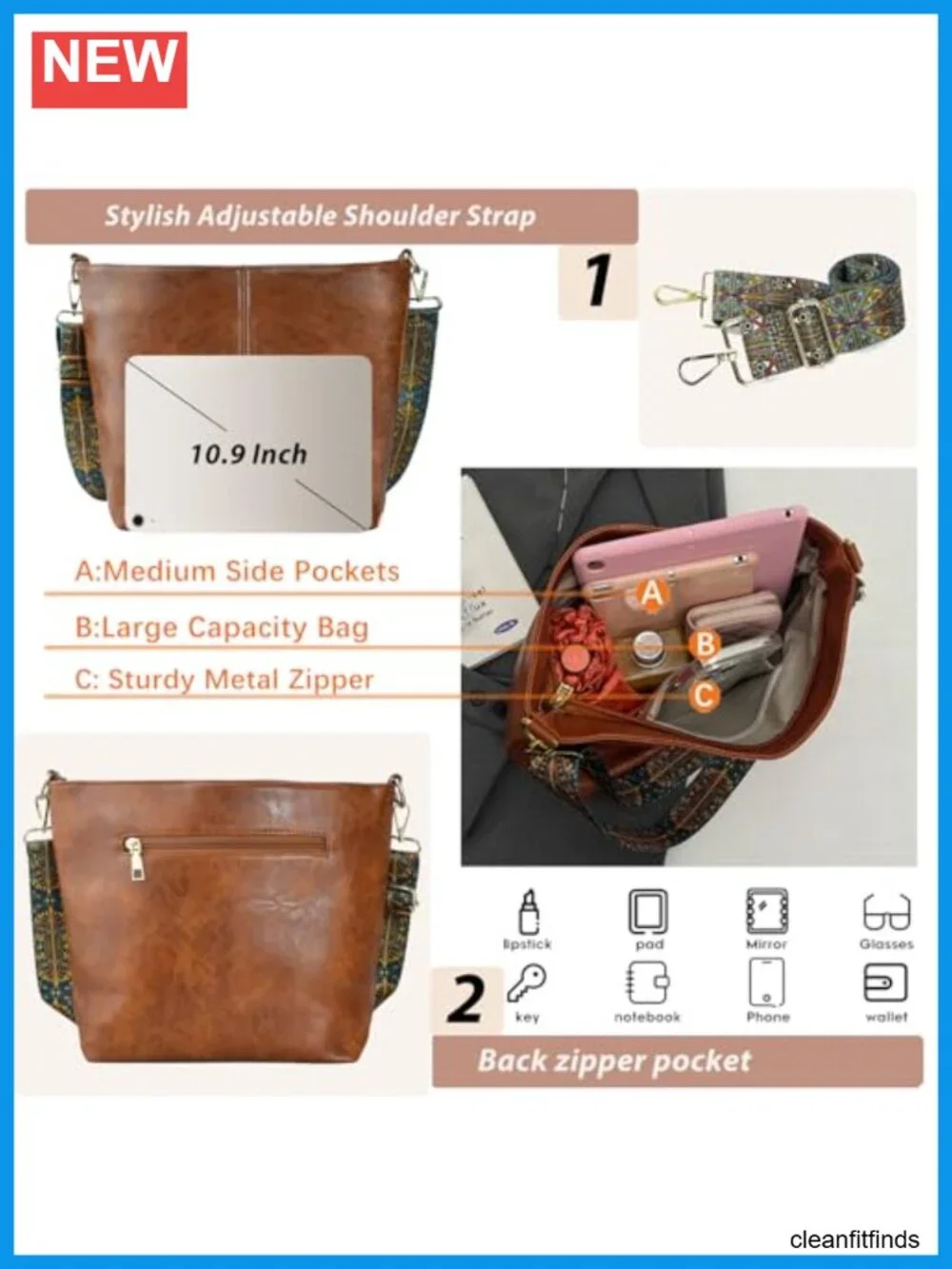 Vegan Leather Hobo Crossbody Bag with Zipper Shoulder Purse for Women
